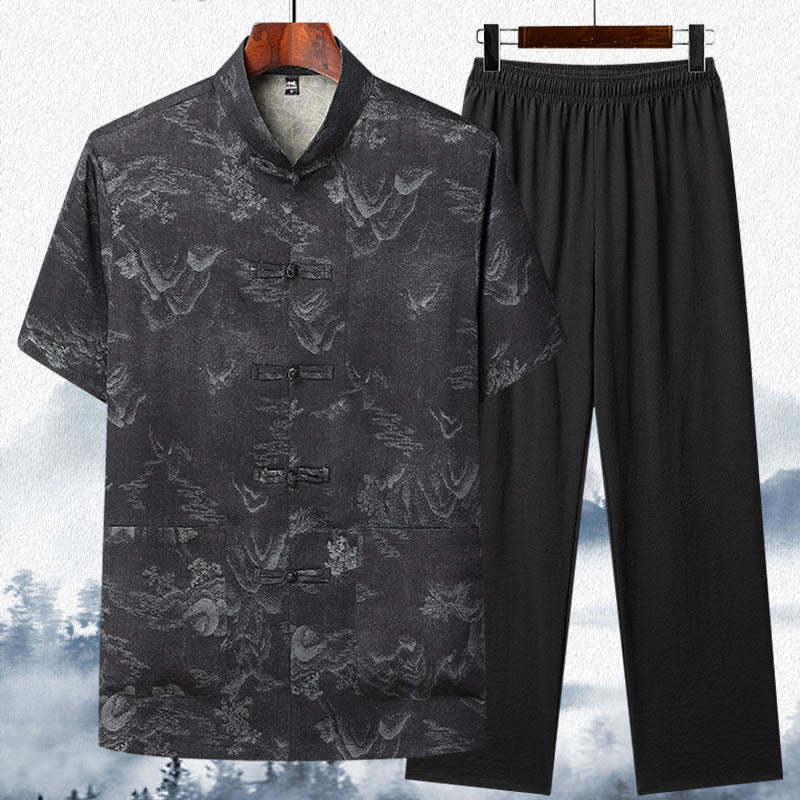 Mountains Trees Tang Suit Hanfu Traditional Uniform Short Sleeve Top Pants Clothing Men's Set