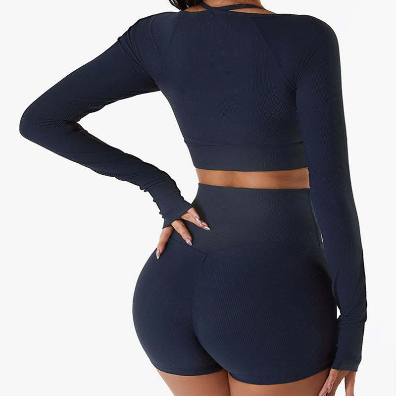 Ribbed Long Sleeve Crop Top T-shirt Shorts Sports Fitness Gym Yoga Outfits