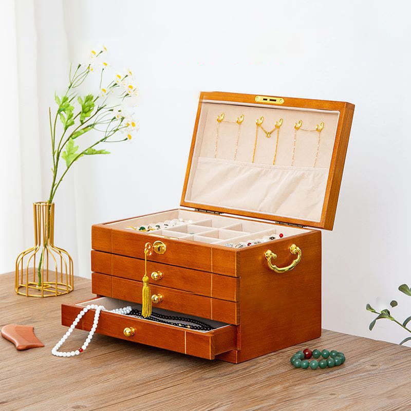 Retro Solid Wood Jewelry Box Four-Layer Wooden Jewelry Storage Box