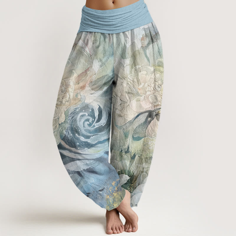 Phoenix Lotus Pattern Women's Elastic Waist Harem Pants