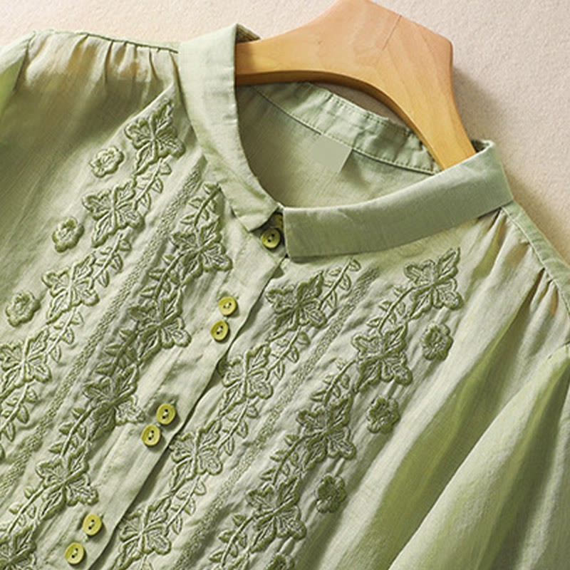 Summer Plain Button Embroidery Flower Pattern Three Quarter Sleeve Lapel Cotton Linen Women's Shirt