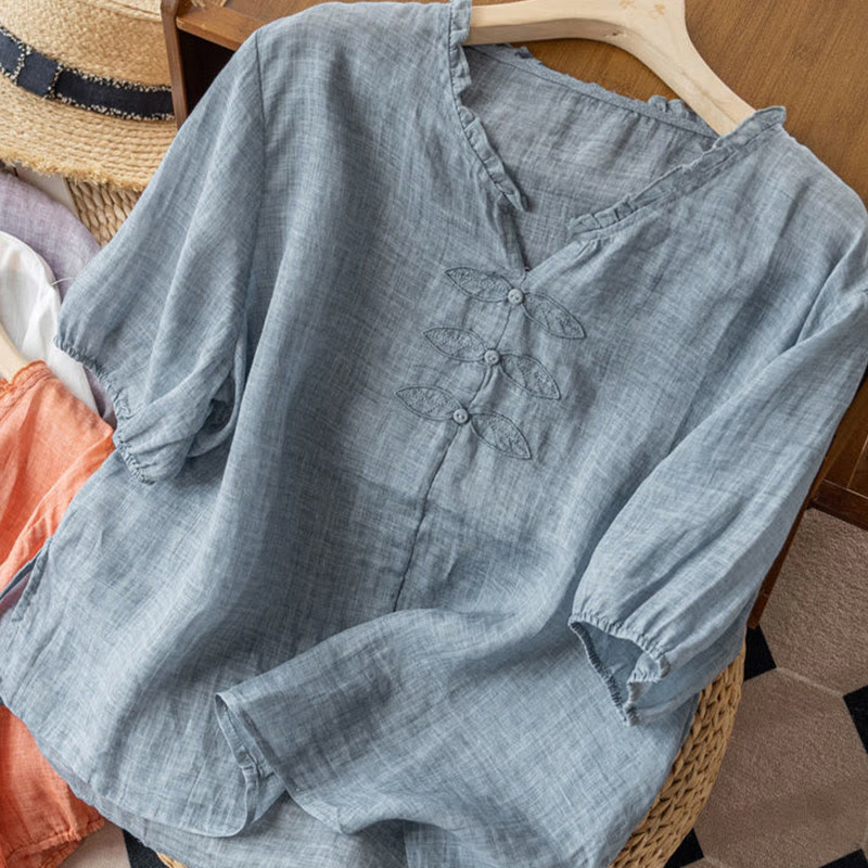Casual Embroidery Leaf Ungus Edge Wrinkle Women's V-neck Design Half Sleeve Cotton Shirt