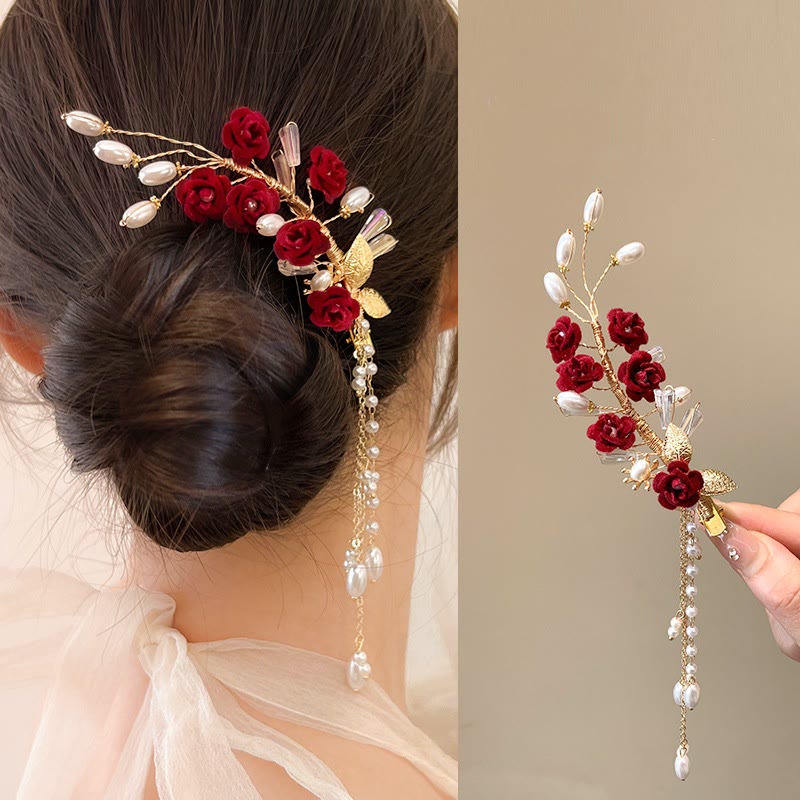 Classical Chinese Wedding Bridal Red Rose Hair Clip