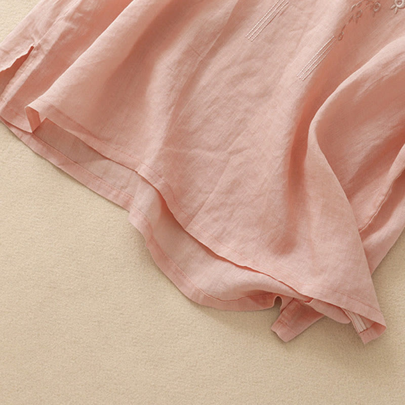 Casual Women's Embroidered Flower V-neck Design Loose Half Sleeve Cotton Linen Shirt