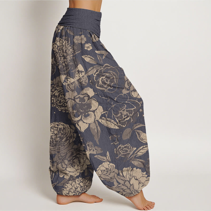 Casual Peony Flowers Leaves Women's Elastic Waist Harem Pants