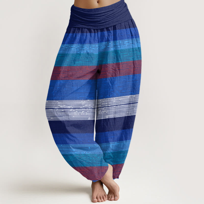 Casual Colorful Horizontal Stripe Pattern Women's Elastic Waist Harem Pants