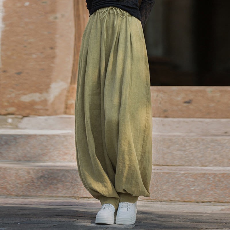 Casual Plain Loose Waist Tie Rope Women's Ramie Cotton Pants With Pockets