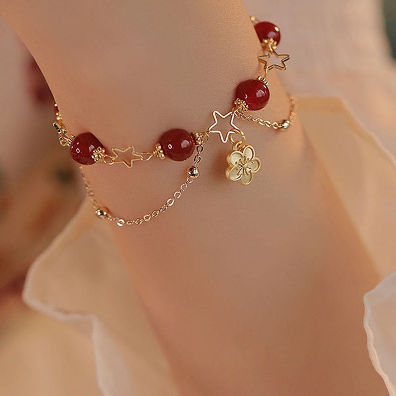 14k Gold Plated Red Agate Star Flower Charm Calm Bracelet