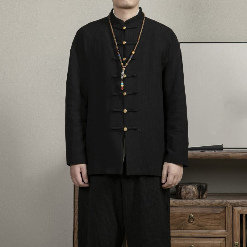 Casual Frog-Button Tang Suit Jacquard Linen Men's Shirt