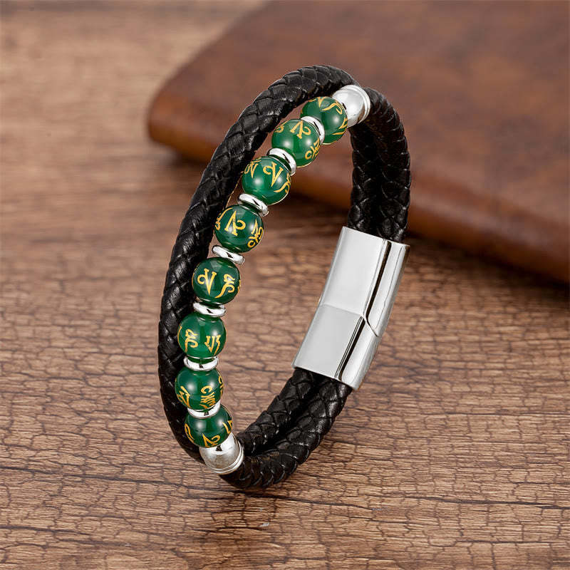 Black Onyx Turquoise Tiger Eye Red Agate Om Mani Padme Hum Strength Leather Bracelet