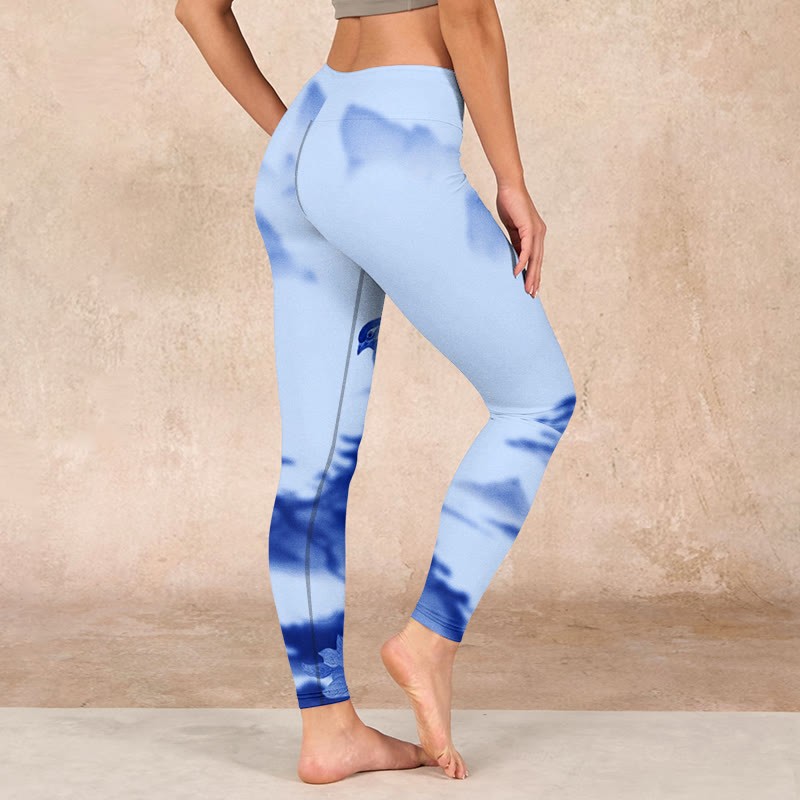 Blue Bird Peony Print Sports Leggings Women's Yoga Pants
