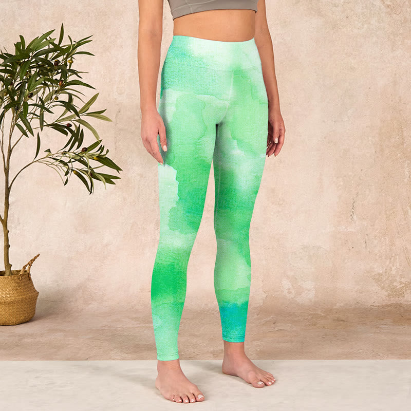 Green Ink Wash Pattern Gym Leggings Women's Yoga Pants