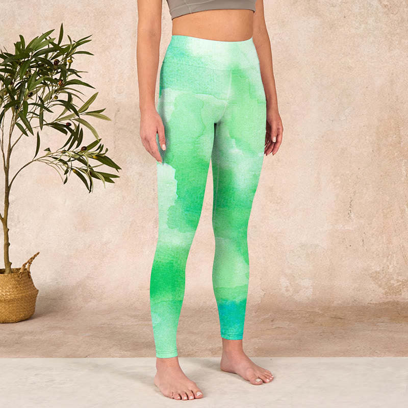 Green Ink Wash Pattern Gym Leggings Women's Yoga Pants