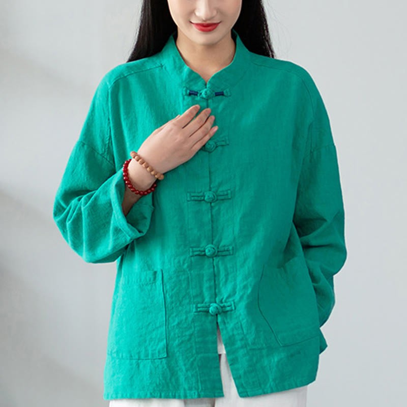 Solid Color Frog-button Long Sleeve Linen Women's Shirts With Pockets