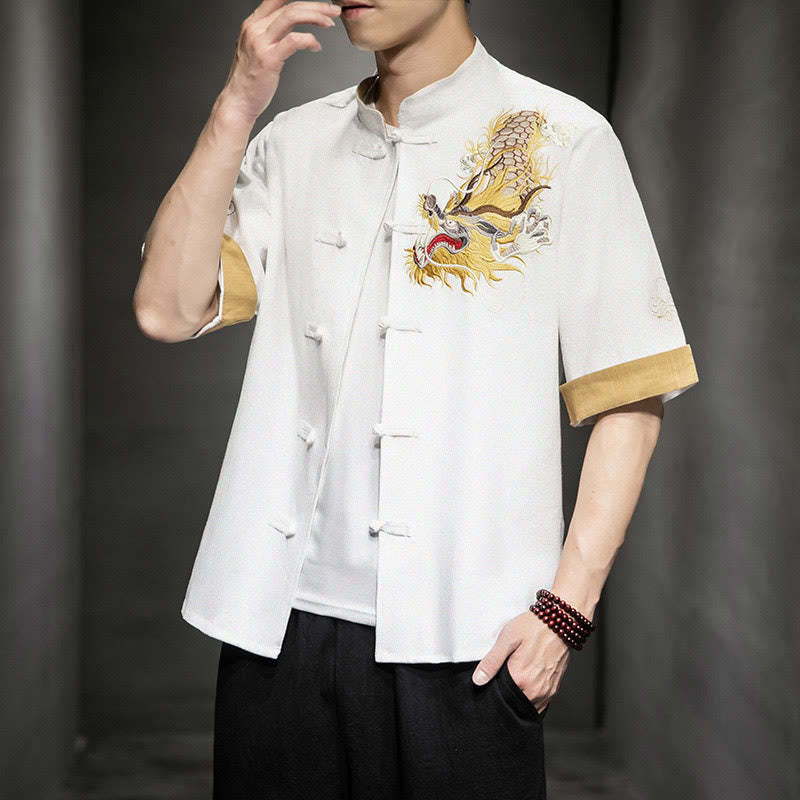 Frog-Button Chinese Dragon Auspicious Cloud Embroidery Half Sleeve Shirt Cotton Linen Men Clothing
