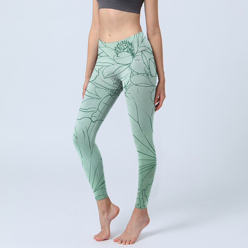 Green Lotus Flower Print Sports Leggings Women's Yoga Pants