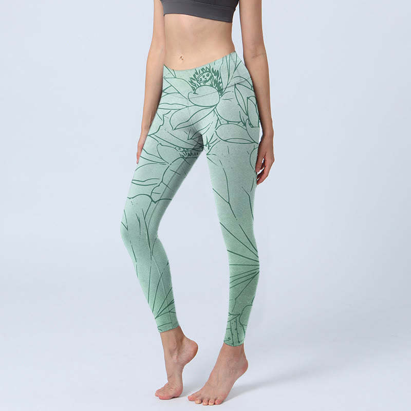 Green Lotus Flower Print Sports Leggings Women's Yoga Pants
