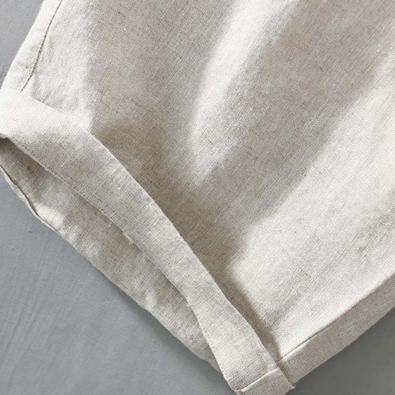 Solid Color Drawstring Cropped Linen Men's Shorts With Pockets