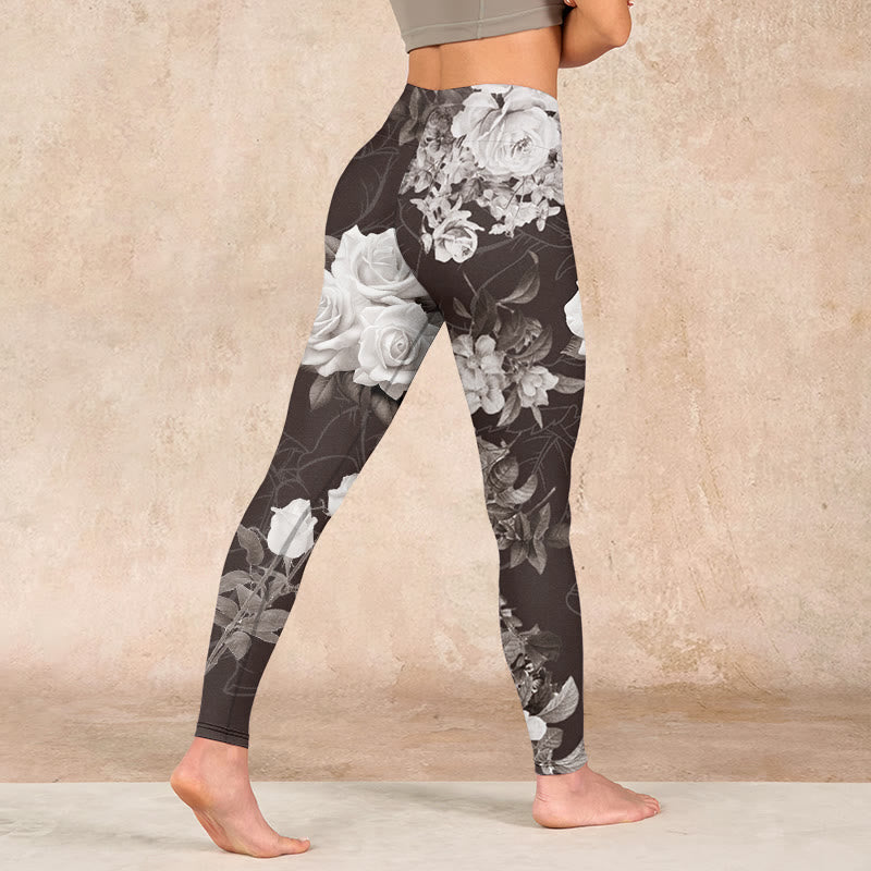 Gray White Rose Print Gym Fitness Leggings Women's Yoga Pants
