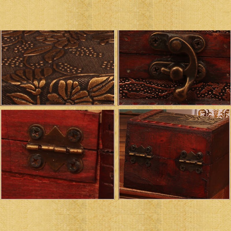 Retro Small Square Wood Jewelry Box Lotus Grass Flower Grape Copper Coin Daffodil Jewelry Storage Box