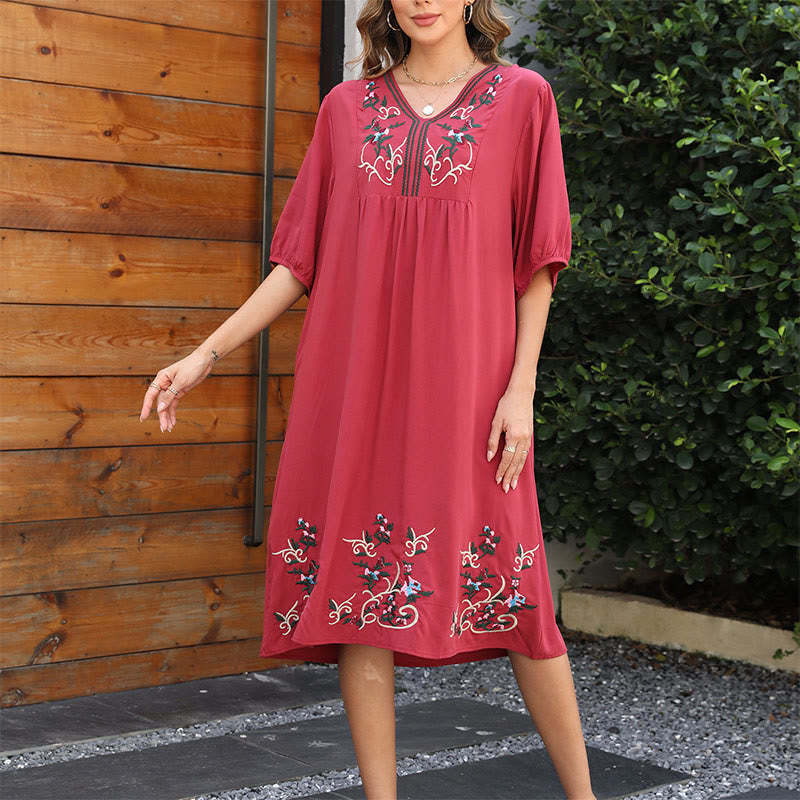 Indianred Retro Ethnic Embroidery Long Lantern Sleeve Cotton Midi Dress