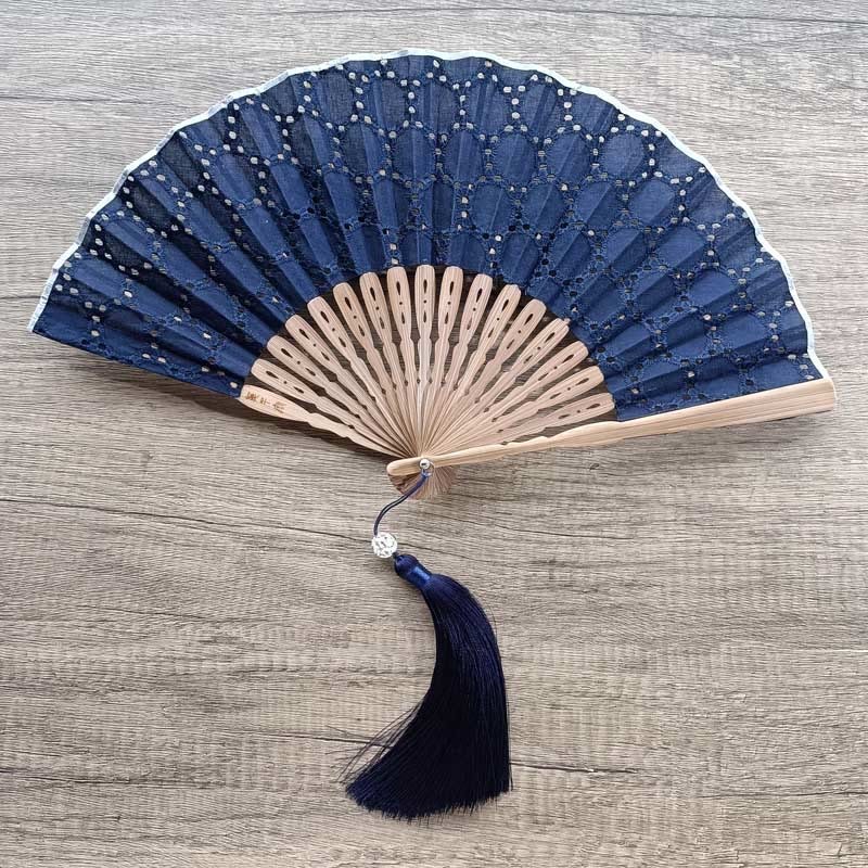 Solid Color Hollow Flowers Embroidery Cotton Fabric Handheld Bamboo Folding Fan