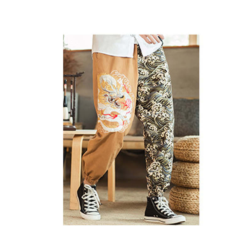 Dragon Pattern Two-tone Men's Pants With Pockets