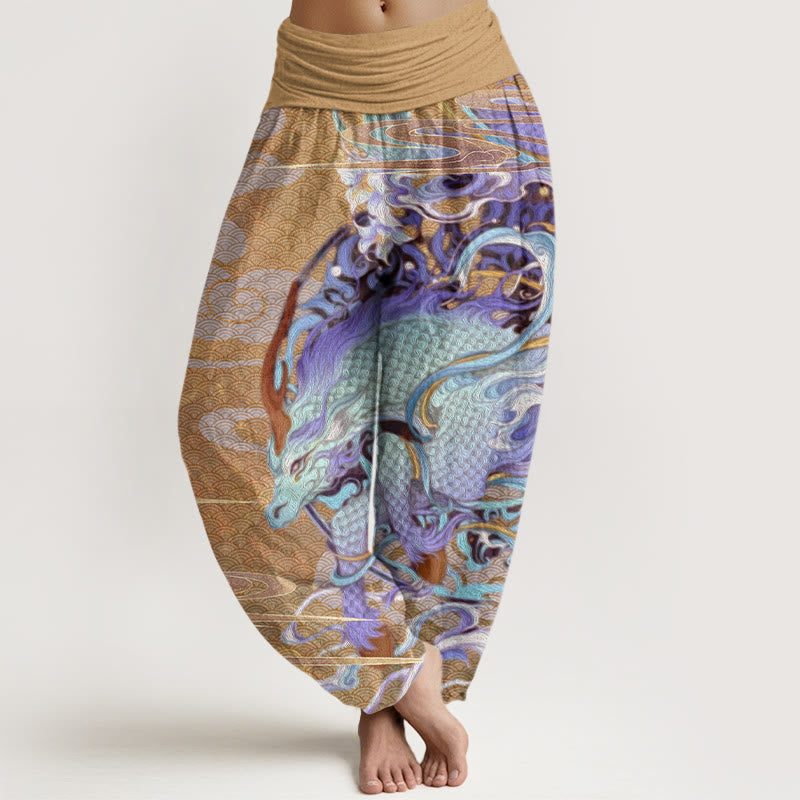 Dragons Auspicious Clouds Pattern Women's Elastic Waist Harem Pants