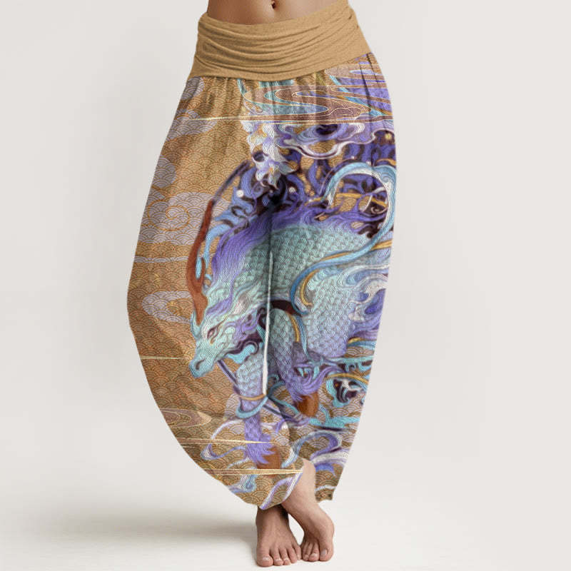 Dragons Auspicious Clouds Pattern Women's Elastic Waist Harem Pants