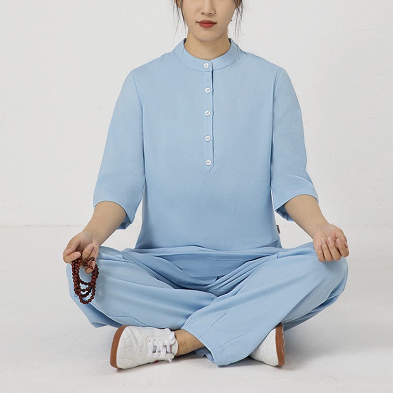 2Pcs Solid Color Three Quarter Shirt Top Pants Meditation Zen Tai Chi Cotton Linen Clothing Women's Set