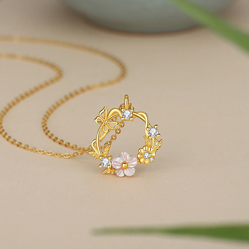 925 Sterling Silver Cubic Zirconia Shell Butterfly Peach Blossom Blessing Necklace Pendant
