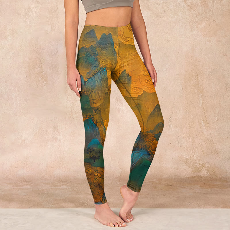 Dark Goldenrod Mountain Print Fitness Leggings Women's Yoga Pants