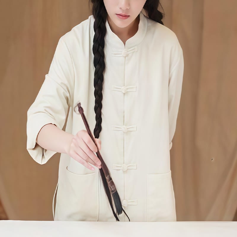 Solid Color Frog-button Long Sleeve Cotton Linen Women's Shirts With Pockets