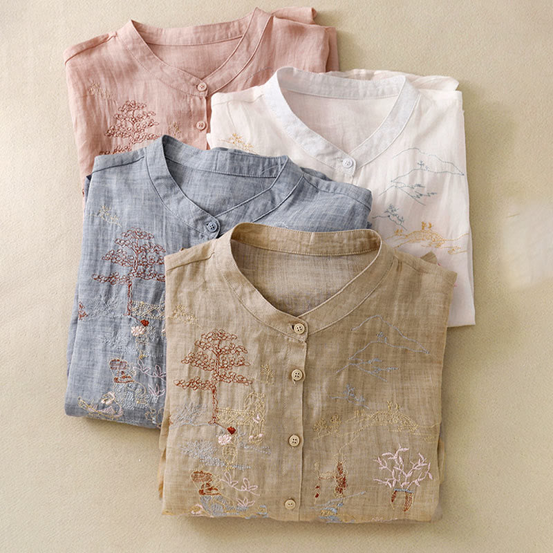 Casual Embroidered Plant Stand Collar Design Three Quarter Sleeve Women's Cotton Linen Shirt