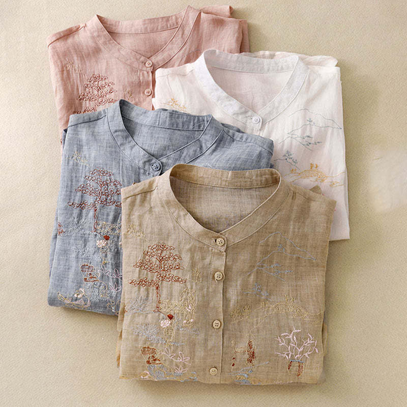 Casual Embroidered Plant Stand Collar Design Three Quarter Sleeve Women's Cotton Linen Shirt