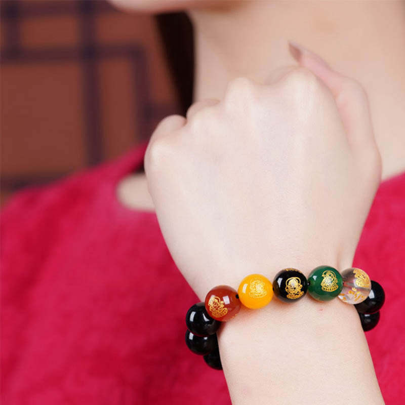 Gold Sheen Obsidian Rainbow Obsidian Black Obsidian Five Directions Gods of Wealth Bracelet
