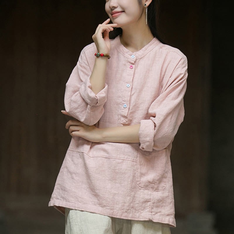 Solid Color Long Sleeve Ramie Linen Half Button Women's Shirt