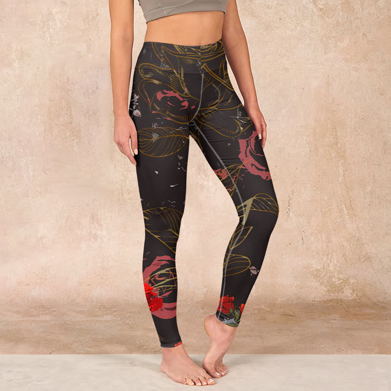 Red Roses Print Gym Leggings Women's Yoga Pants