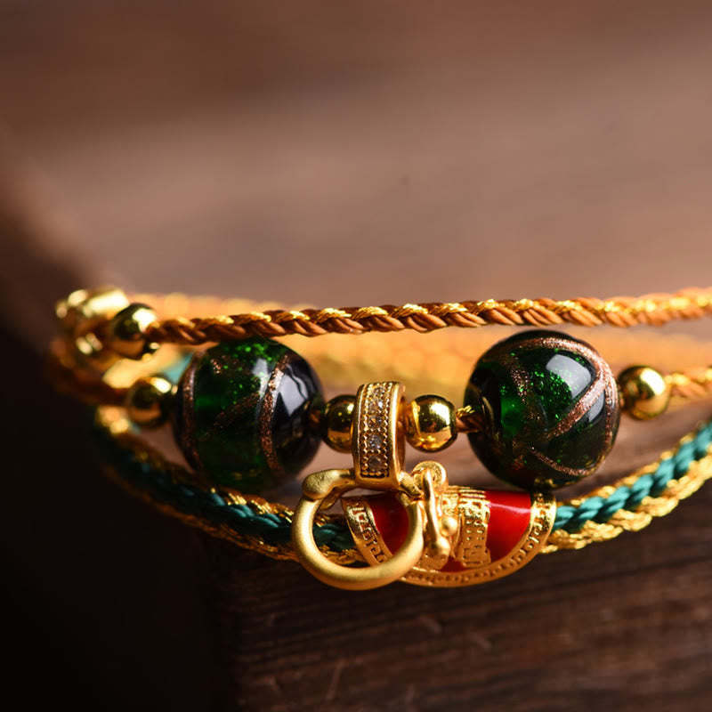 Tibetan Handmade Rope Liuli Glass Bead Braided Multilayered Healing Bracelet