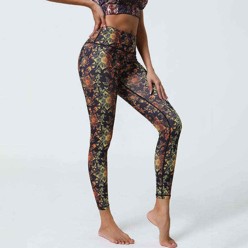 Flowers Geometric Mandalas Print Sports Fitness Yoga High Waist Leggings Women's Pants