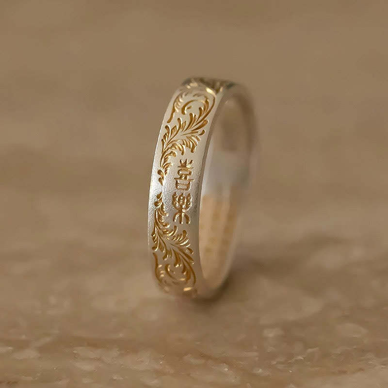 mystic zen Stone 999 Sterling Silver Gold-Painted Joyful Flower Pattern Peaceful Heart Sutra Ring