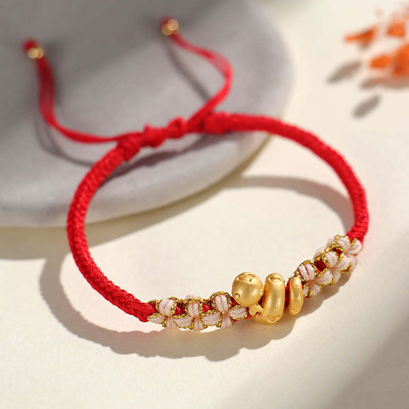 Handmade 999 Sterling Silver Year Of The Snake Red String Heart Peach Blossom Luck Bracelet