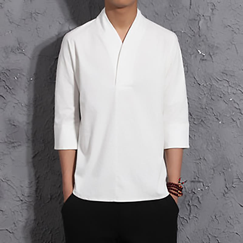 Casual V-Neck Three Quarter Sleeve Shirt Cotton Linen Men Clothing