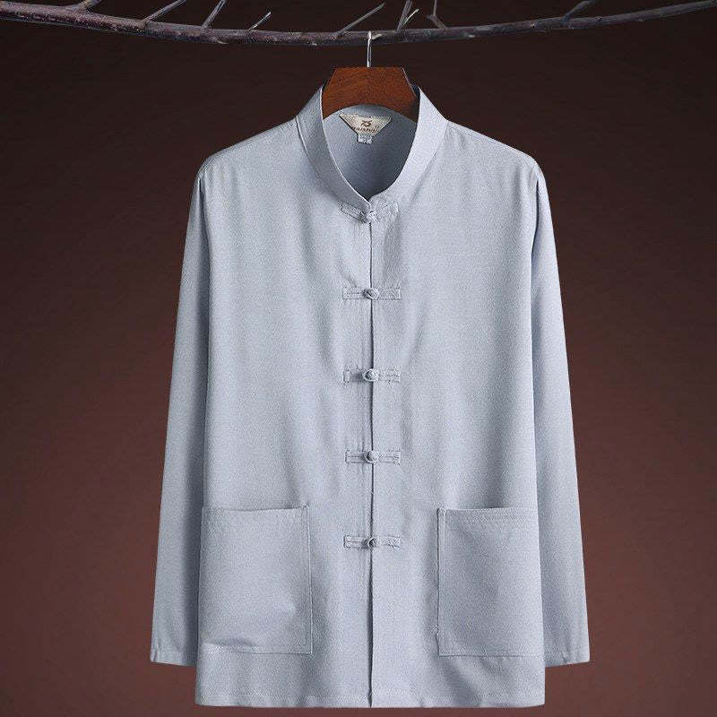 2Pcs Tang Suit Plain Color Frog-Button Men's Long Sleeve Shirt Pants Set