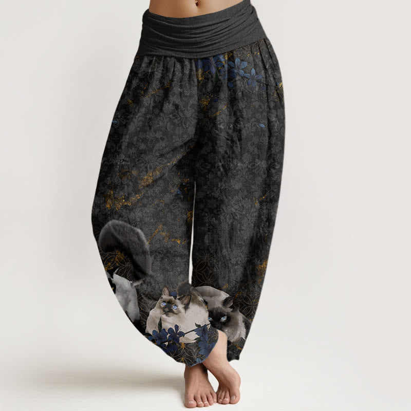 Siamese Cats Flower Coin Pattern Women's Elastic Waist Harem Pants