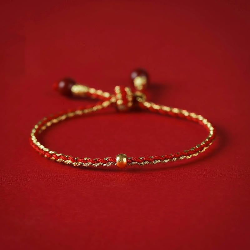 Handmade 925 Sterling Silver Lotus Cinnabar Gold Bead Blessing Braid Bracelet