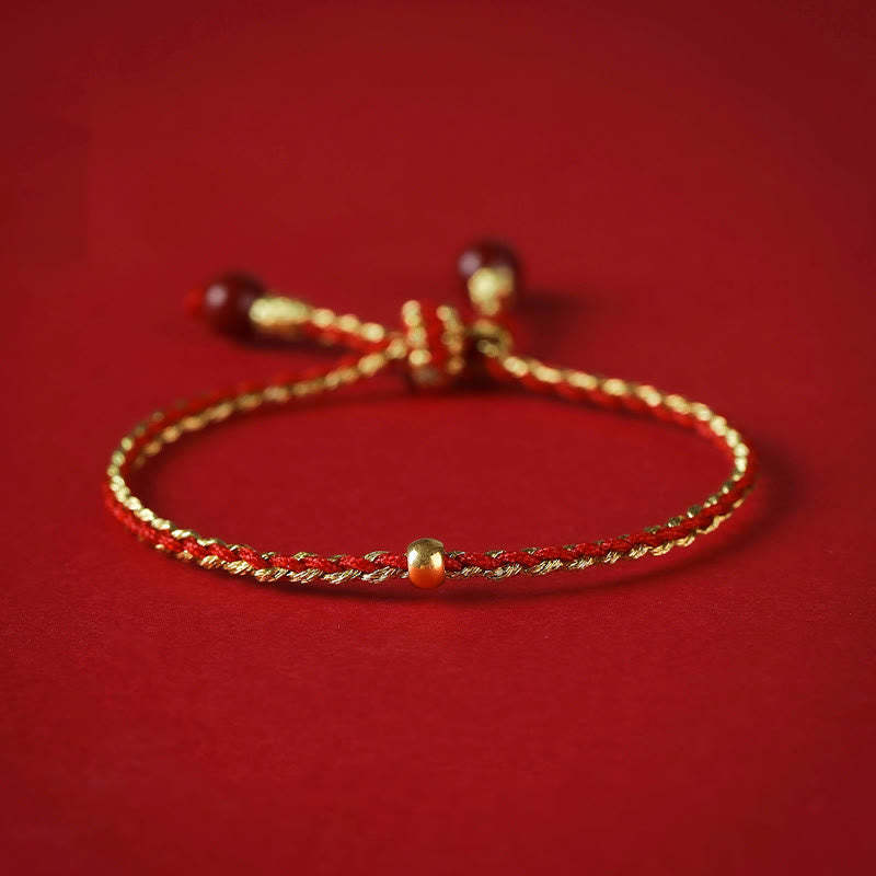 Handmade 925 Sterling Silver Lotus Cinnabar Gold Bead Blessing Braid Bracelet