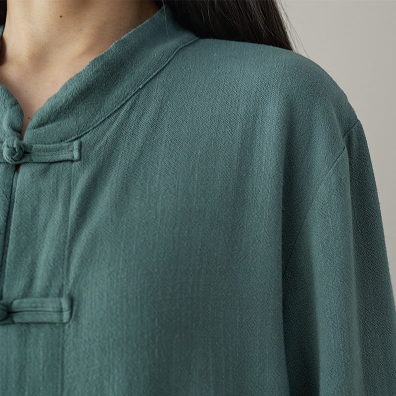 Solid Color Frog-button Long Sleeve Cotton Linen Women's Shirts With Pockets