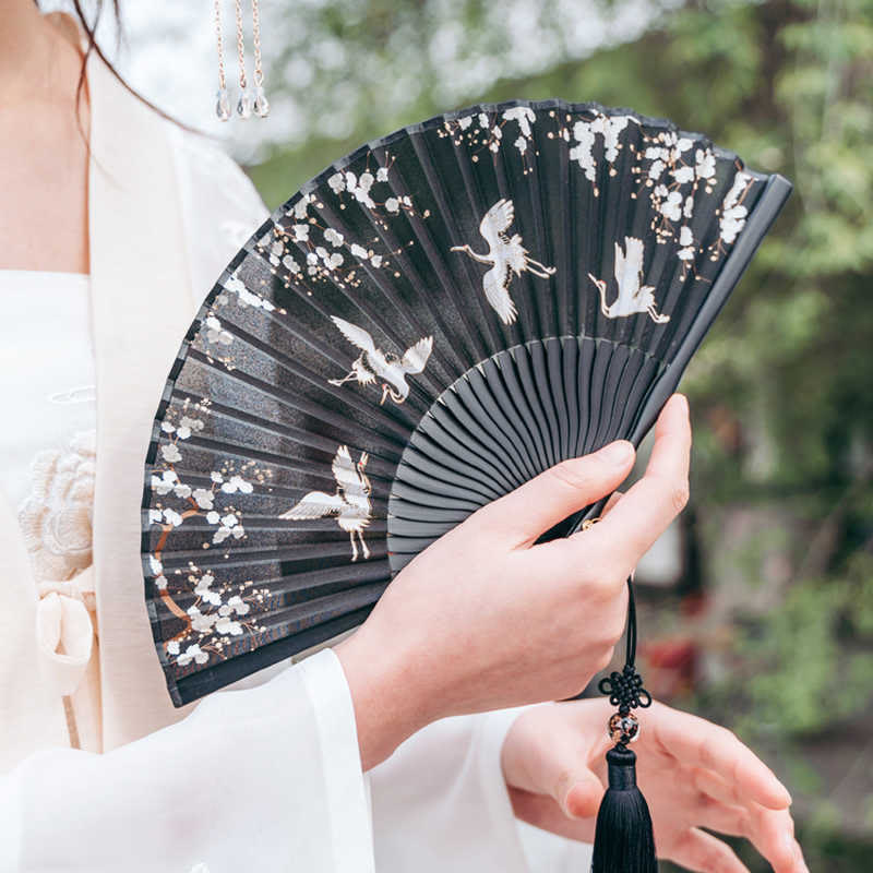 Plum Blossom Crane Silk Handheld Bamboo Folding Fan