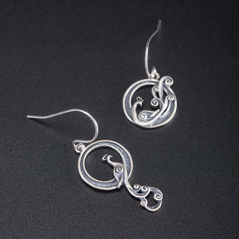 925 Sterling Silver Round Asymmetry Peacock Fortune Earrings